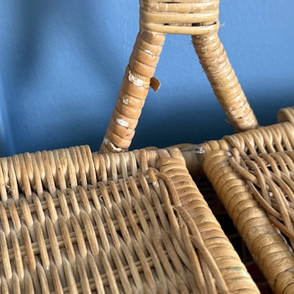 Vintage Wicker Picnic Market Basket Double Lid Terracotta Sage Large